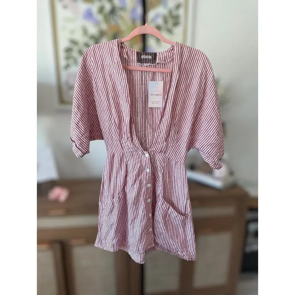 Reformation 100% Linen Striped Cecilia Kimono Mini Dress Red White Womens Size 4 - Picture 5 of 15